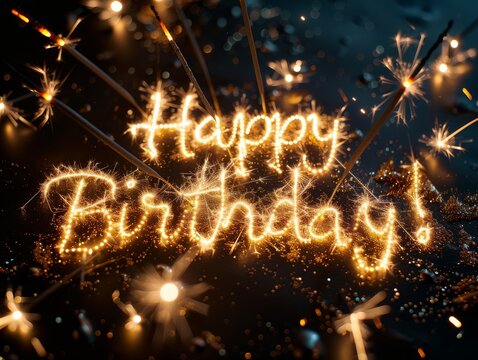 Text "Happy Birthday!" in sparklers on black background. Generative AI.