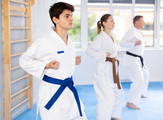 Kata karate teacher conducts classes and performs movements and fighting techniques together with students to prepare them for competitions. © JackF