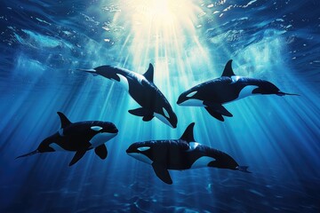 herd orca fish  or killer whale dive under sea 