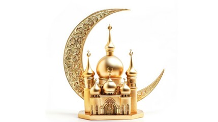gold mosque and crescent on white background, islamic background with copyspace 