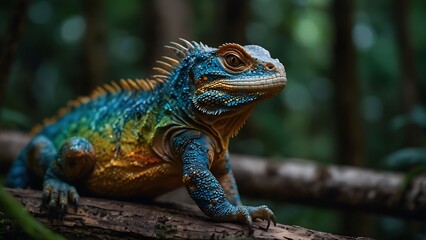 Obraz premium portrait of a beautifully patterned iguana relaxing on a tree trunk with a blurred background