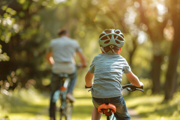 A boy wearing a helmet learning to ride a bicycle in a park
