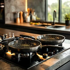 modern minimalist dark kitchen with wooden details. Stylish loft modern gray kitchen decoration with clean contemporary style interior design.