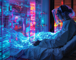 Pediatric emergency scene, with a doctor using a virtual interface to guide life support, Holographic, Mixed Media, vibrant colors, futuristic atmosphere