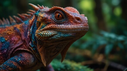Fototapeta premium portrait of a beautifully patterned iguana relaxing on a tree trunk with a blurred background