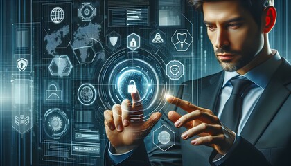  images of a businessman interacting with virtual cyber security technology for online data protection.
