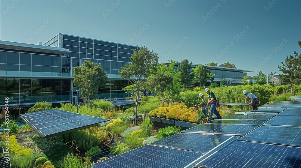 Poster commercial solar installation modern solar array office park, a team of engineers installing state o