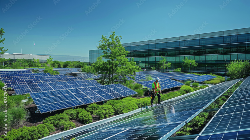 Poster commercial solar installation modern solar array office park, a team of engineers installing state o