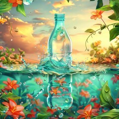 Vibrant illustration of a floating bottle in water with a scenic background, surrounded by colorful flowers and green leaves