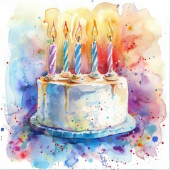 Vibrant watercolor painting of a birthday cake with five lit candles, surrounded by colorful splashes.