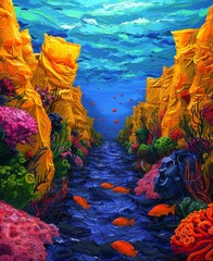 Vibrant underwater scene with colorful coral reefs, fish, and deep ocean hues, creating a mesmerizing aquatic landscape.