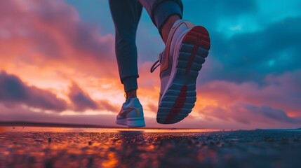 Low angle shot of shoes running at nature outdoor twilight sky