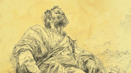 Fototapeta premium Martyrdom of St. Florian of Lorch in 3rd-Century Austria, Biblical Illustration, Beige Background, Copyspace