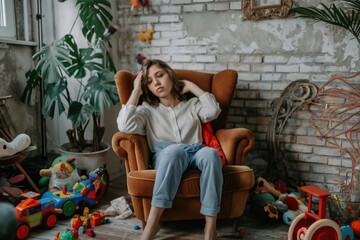 Obraz premium A woman sitting in a chair in a room filled with scattered toys, reflecting emotional burnout from taking care of children