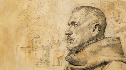 Reflection of St. Francis Borgia in 16th-Century Spanish Court, Biblical Illustration, Beige Background, Copyspace