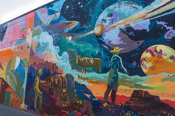 A mural depicting the history of communication from smoke signals to satellites