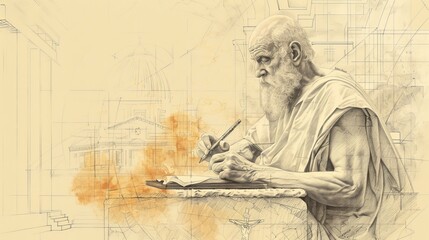 Fototapeta premium Writing of St. Jerome of Stridon in 4th-Century Church, Biblical Illustration, Beige Background, Copyspace