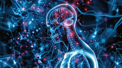 Concept picture of human anatomy intertwined with technological elements, symbolizing advancements in medical research