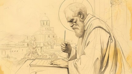 Writing of St. Gregory of Nyssa in 4th-Century Church, Biblical Illustration, Beige Background, Copyspace