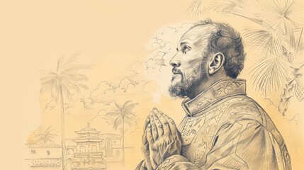 Fototapeta premium St. Francis Xavier Preaching with Exotic Asian Landscapes, Biblical Illustration, Beige Background, Copyspace