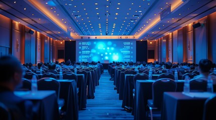 A conference was held in a hotel, with many people sitting at long tables and watching presentations on stage. The main color was blue. Generative AI.