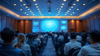 A conference was held in a hotel, with many people sitting at long tables and watching presentations on stage. The main color was blue. Generative AI.