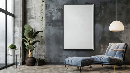 interior of a room with a chair,
Empty Framed Canvas for Mockups