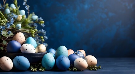 Easter eggs and decorations are copied onto a dark blue backdrop, leaving room for writing and greetings.