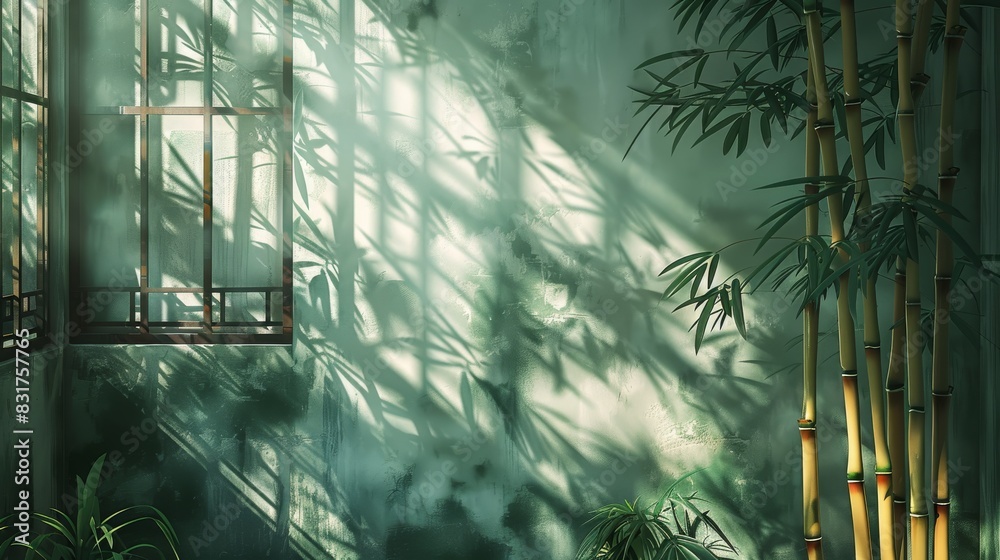 Poster light shines on the bamboo, casting shadows on the dark green chinese-style wall. generative ai.