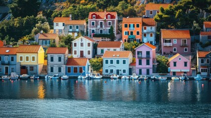 Obraz premium Charming Coastal Village: Colorful houses lining a picturesque harbor