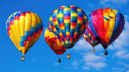 Obraz premium Colorful Hot Air Balloons: Vibrant balloons floating against a blue sky