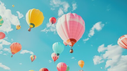 Naklejka premium Colorful Hot Air Balloons: Vibrant balloons floating against a blue sky