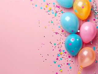 Carnival Atmosphere Fills Minimalist Pastel Pink Background with Balloons Streamers and Confetti