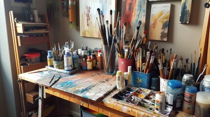 Obraz premium Creative Workspace with Art Supplies: Brushes, paints, and canvases in a studio