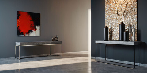 A minimalist and modern entryway with a sleek and polished concrete floor, a simple and functional console table, and a large piece of abstract art on the wall.