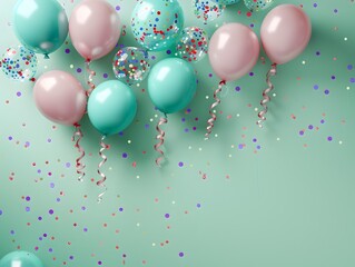 Celebratory Atmosphere Balloons Streamers and Confetti on a Minimalist Pastel Green Backdrop