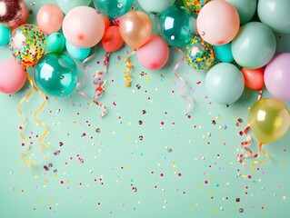 Carnival Atmosphere Floating Balloons and Streamers Adorn a Pastel Green Background