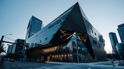 Obraz premium Full shot of an ultra-modern modern angular office building in the city.