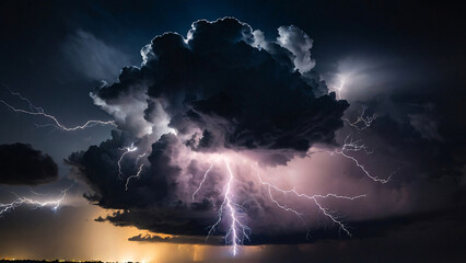 A stormy dark sky with black clouds and lightnings, heavy storm, thunderbolt. Stormy weather background, wallpaper. Generative AI.