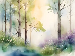 Spring Forest Landscape Watercolor Art