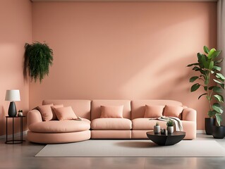  Livingroom with accent bright peach fuzz 2024 sofa and pale orange coral wall. Large sofa with cushions in velor fabric. Lounge area in the home. Mockup luxury design room and furniture. 3d render 