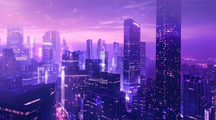 Fototapeta premium Modern Cityscape at Twilight: Skyscrapers illuminated against a purple sky 