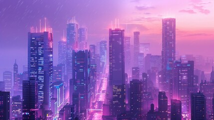 Obraz premium Modern Cityscape at Twilight: Skyscrapers illuminated against a purple sky 