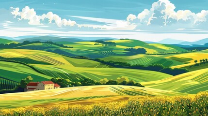 Obraz premium Peaceful Countryside Landscape: Rolling hills and tranquil farmland