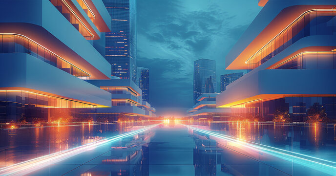 A digital illustration of a leased line internet connection between two modern buildings. Generative AI.