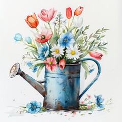 Vintage watering can with an assortment of colorful flowers and greenery for a rustic home decor or gardening theme.