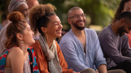 Obraz premium In an open-air setting, a diverse group of men and women laugh and talk while participating in mindful activities