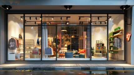 Retail Storefront: Bright and inviting shopfront with trendy merchandise on display