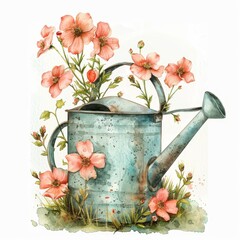 Vintage watering can with pink flowers in watercolor style, isolated on white background. Perfect for gardening or floral designs.