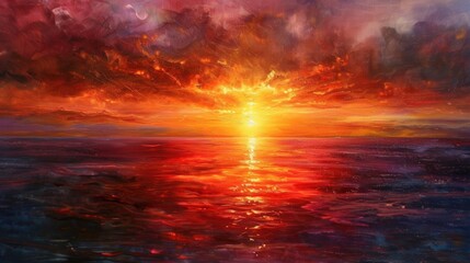 Spectacular Sunset Over the Ocean: Fiery hues reflected on calm waters